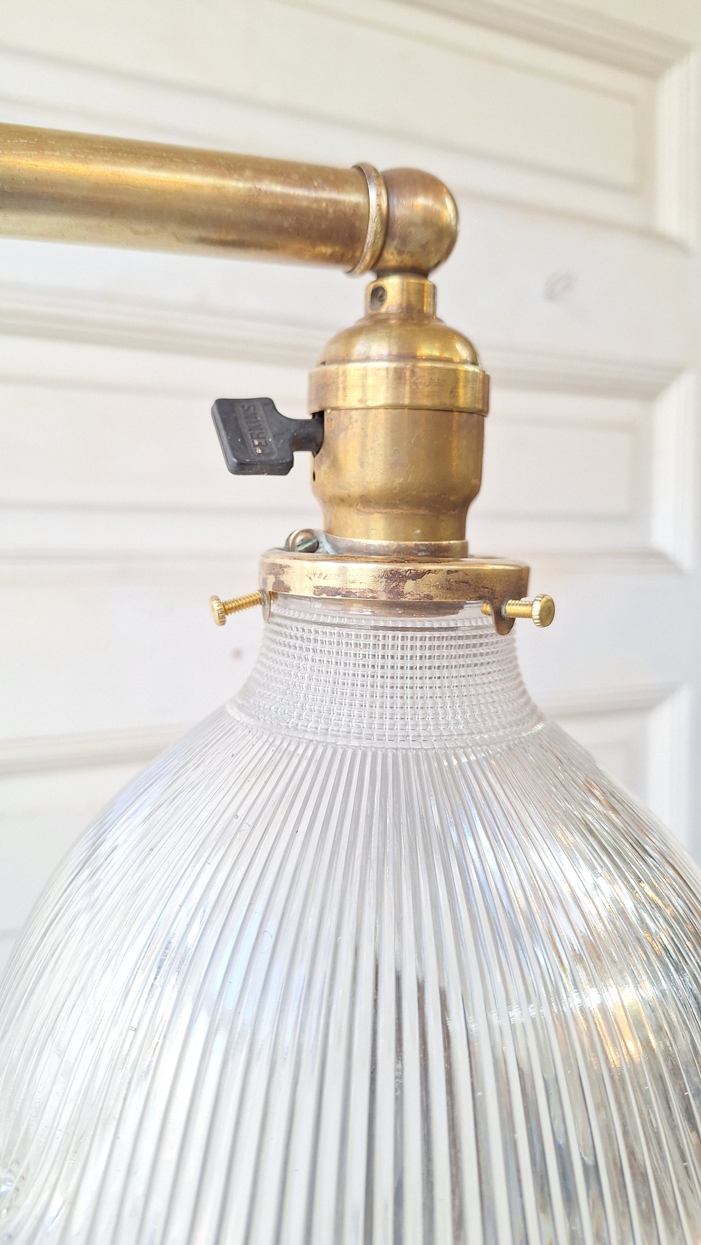 Vintage Holophane Chandelier, Brass and Prismatic Glass Light Fixture