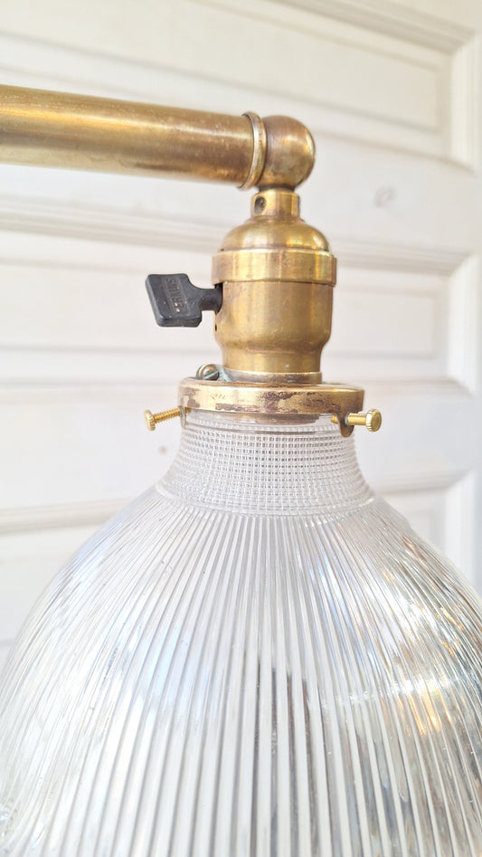 Vintage Holophane Chandelier, Brass and Prismatic Glass Light Fixture