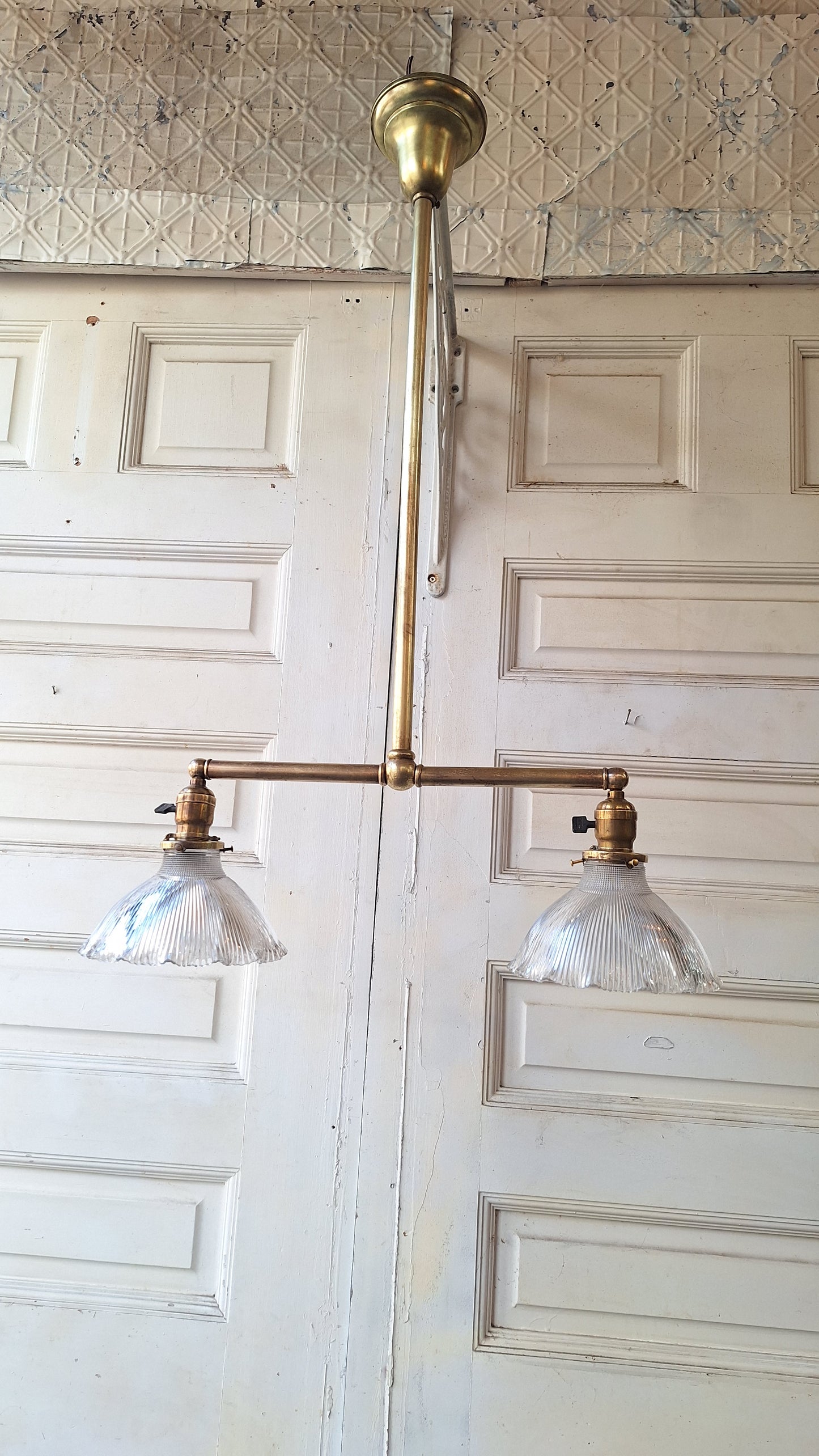 Vintage Holophane Chandelier, Brass and Prismatic Glass Light Fixture