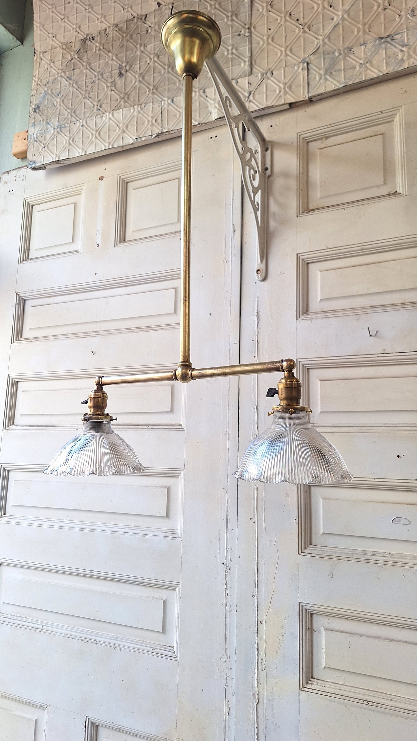 Vintage Holophane Chandelier, Brass and Prismatic Glass Light Fixture