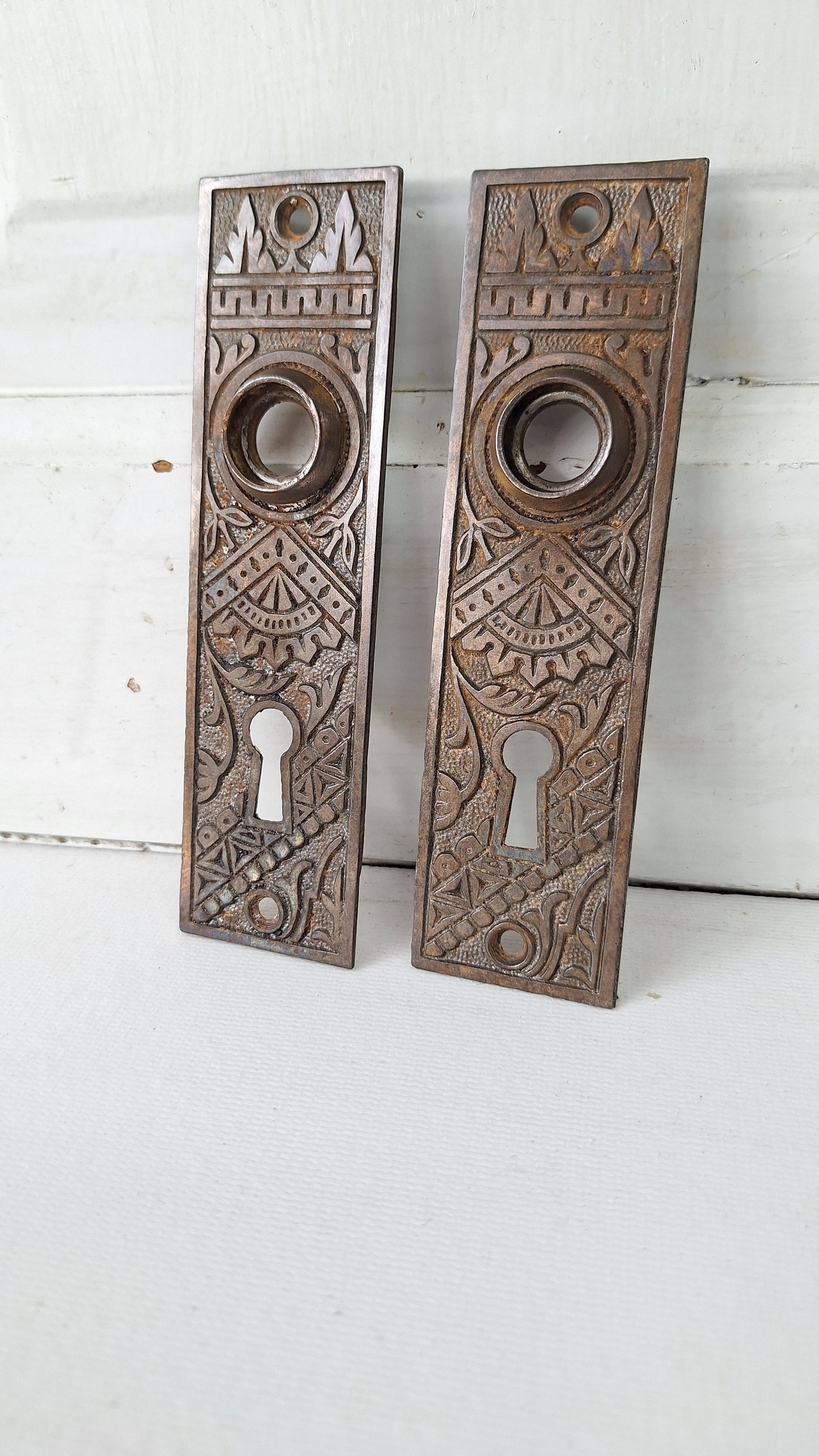 Branford Iron Backplates "Oriental" Pattern, Eastlake Antique Doorknob Escuthcheons