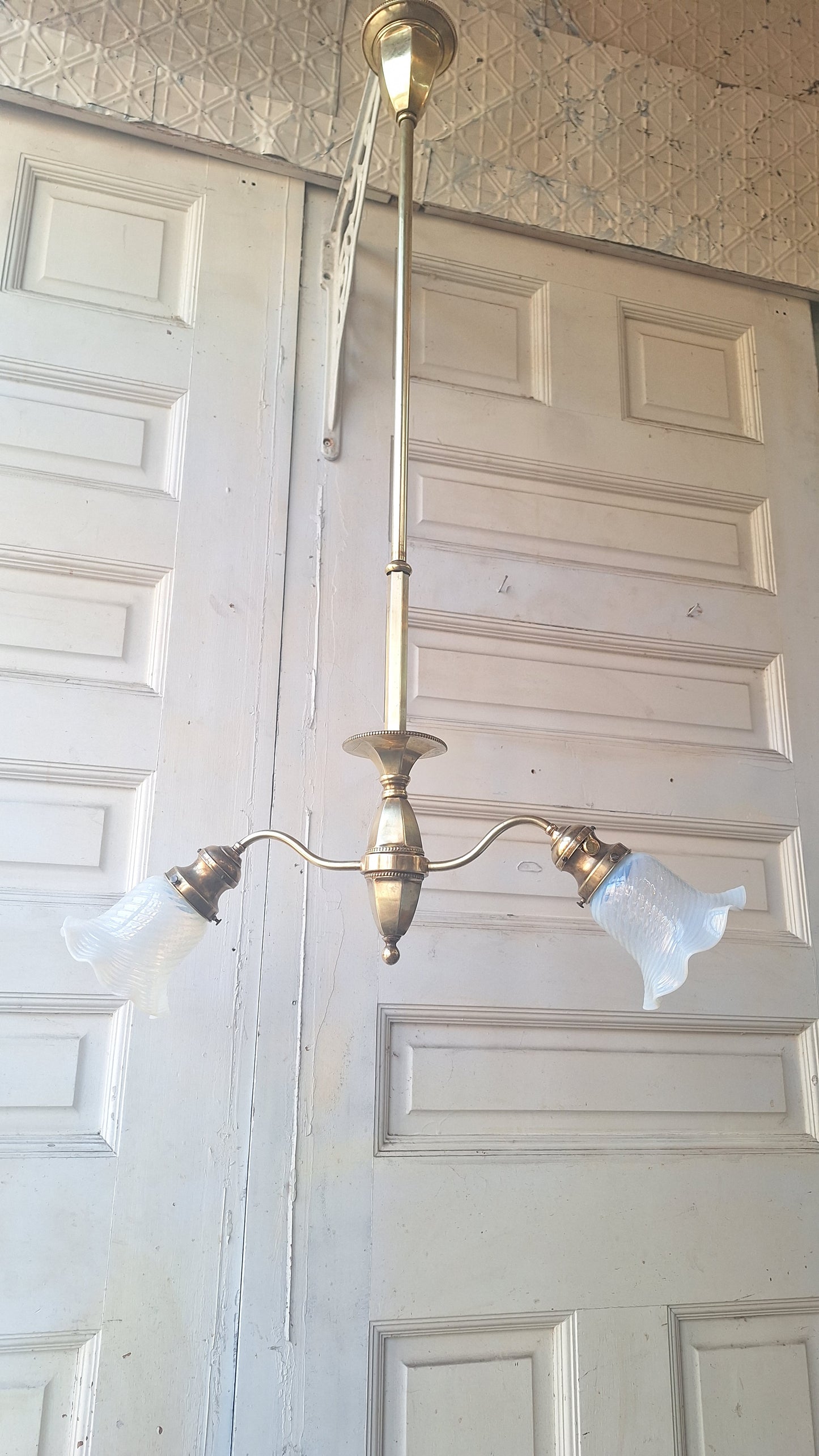 Etched Glass Antique Chandelier: Victorian Brass and Opalescent Glass Light