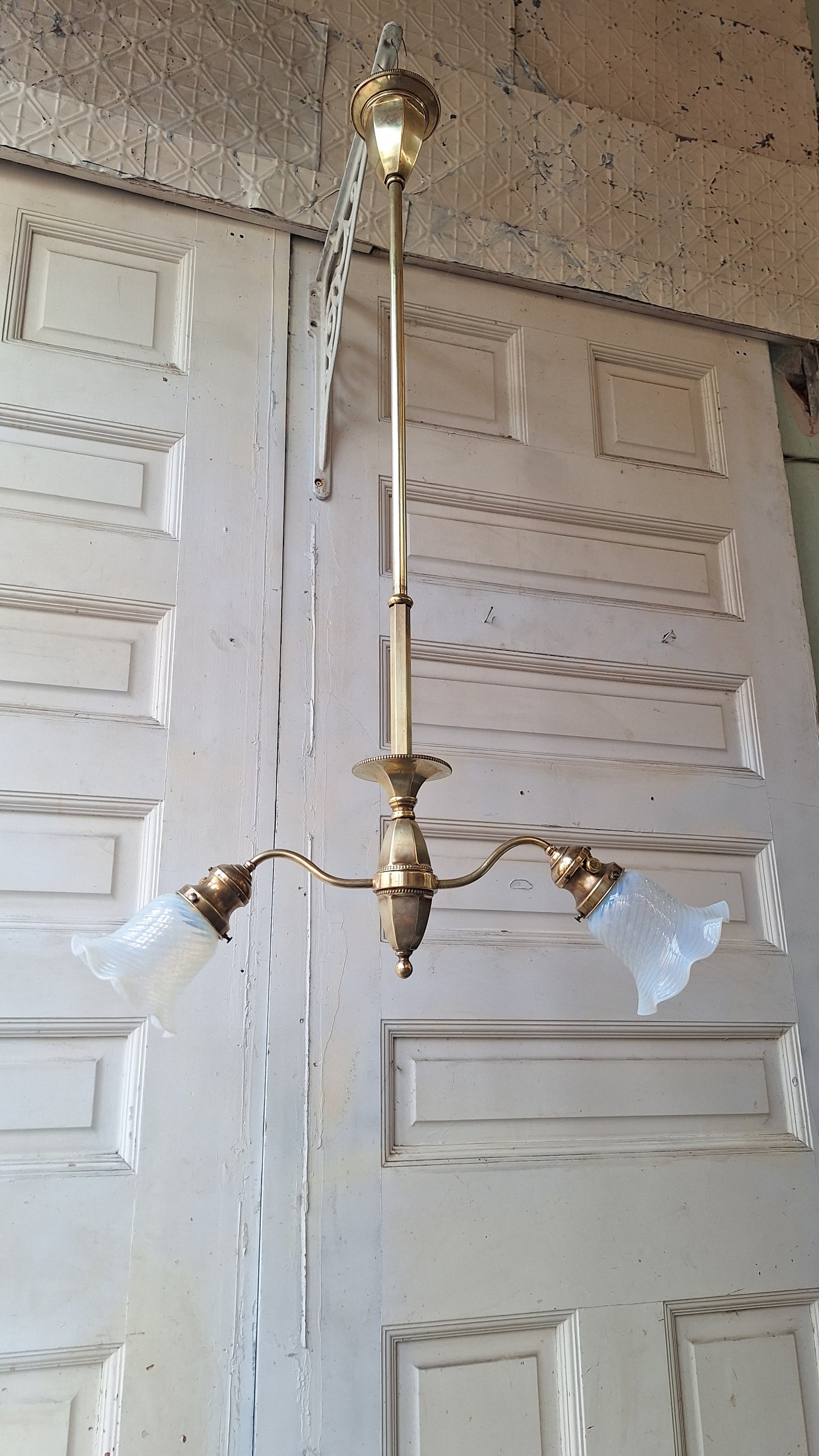 Etched Glass Antique Chandelier: Victorian Brass and Opalescent Glass Light