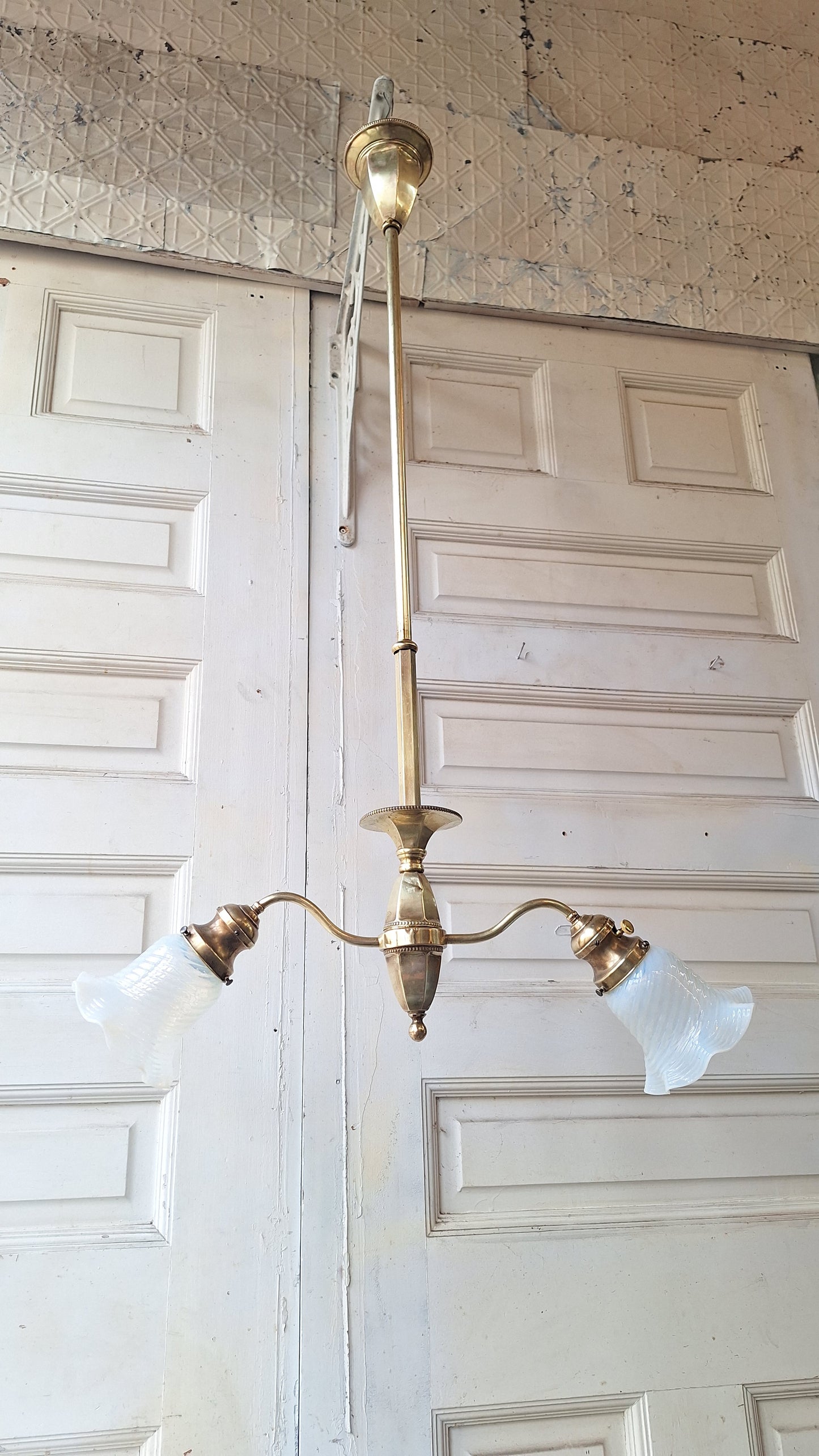 Etched Glass Antique Chandelier: Victorian Brass and Opalescent Glass Light