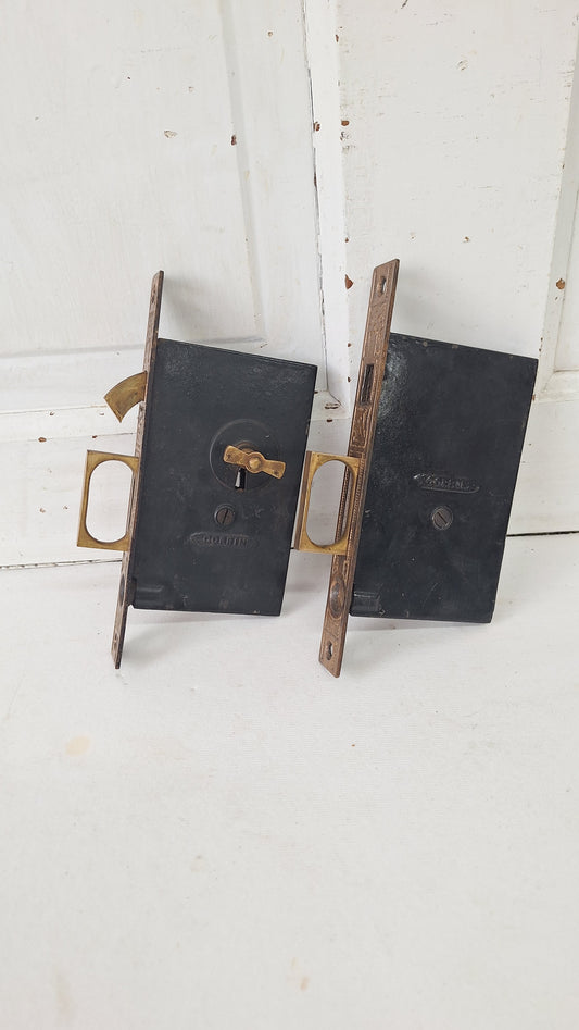 Ornate Double Pocket Door Hardware Set with Key, Eastlake Recessed Door Mortise Locks