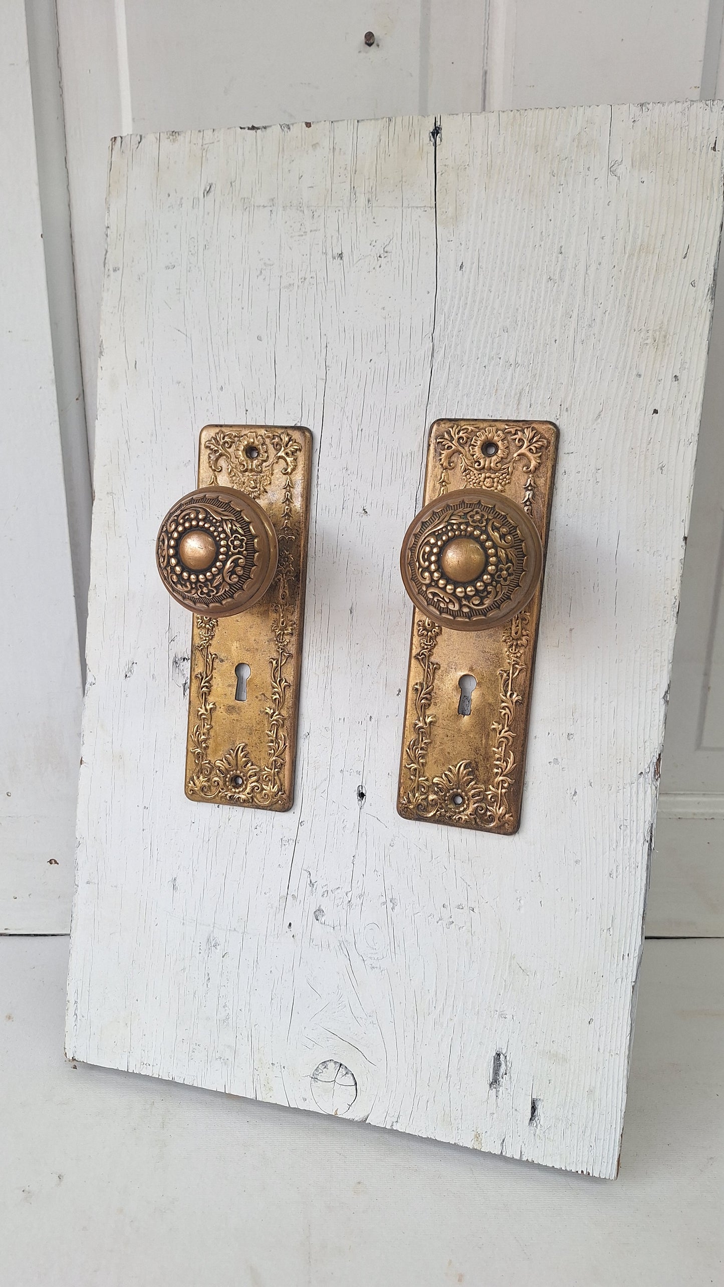 Ornate Brass Plated Door Hardware Set, Antique Doorknob and Backplates