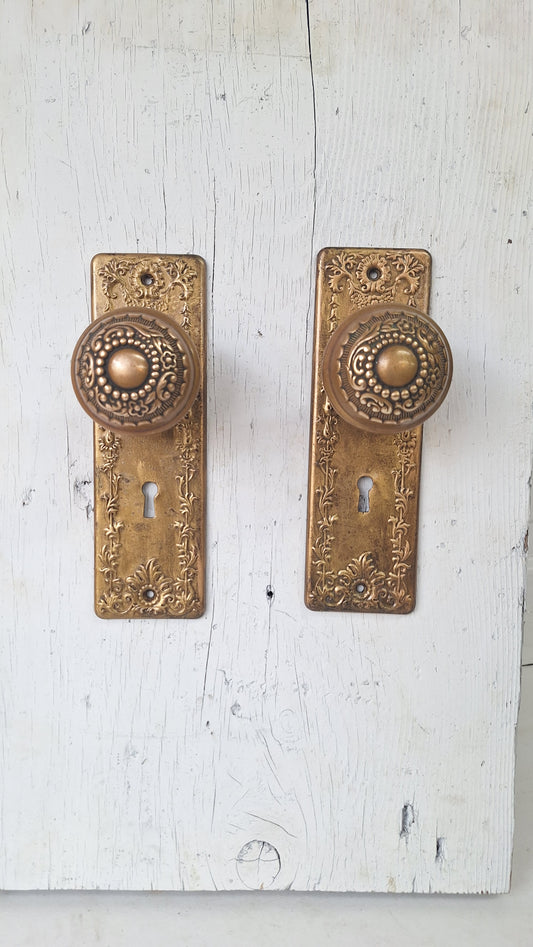 Ornate Brass Plated Door Hardware Set, Antique Doorknob and Backplates