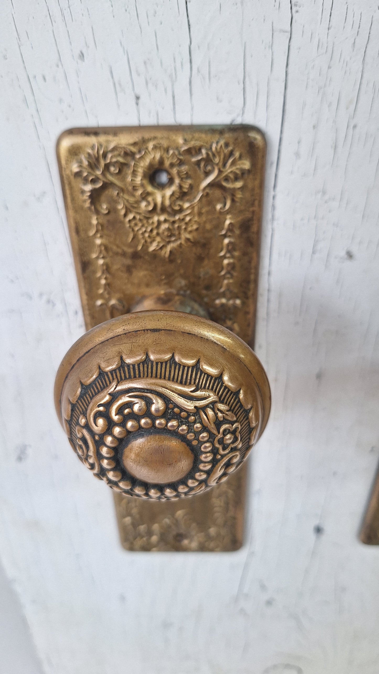 Ornate Brass Plated Door Hardware Set, Antique Doorknob and Backplates