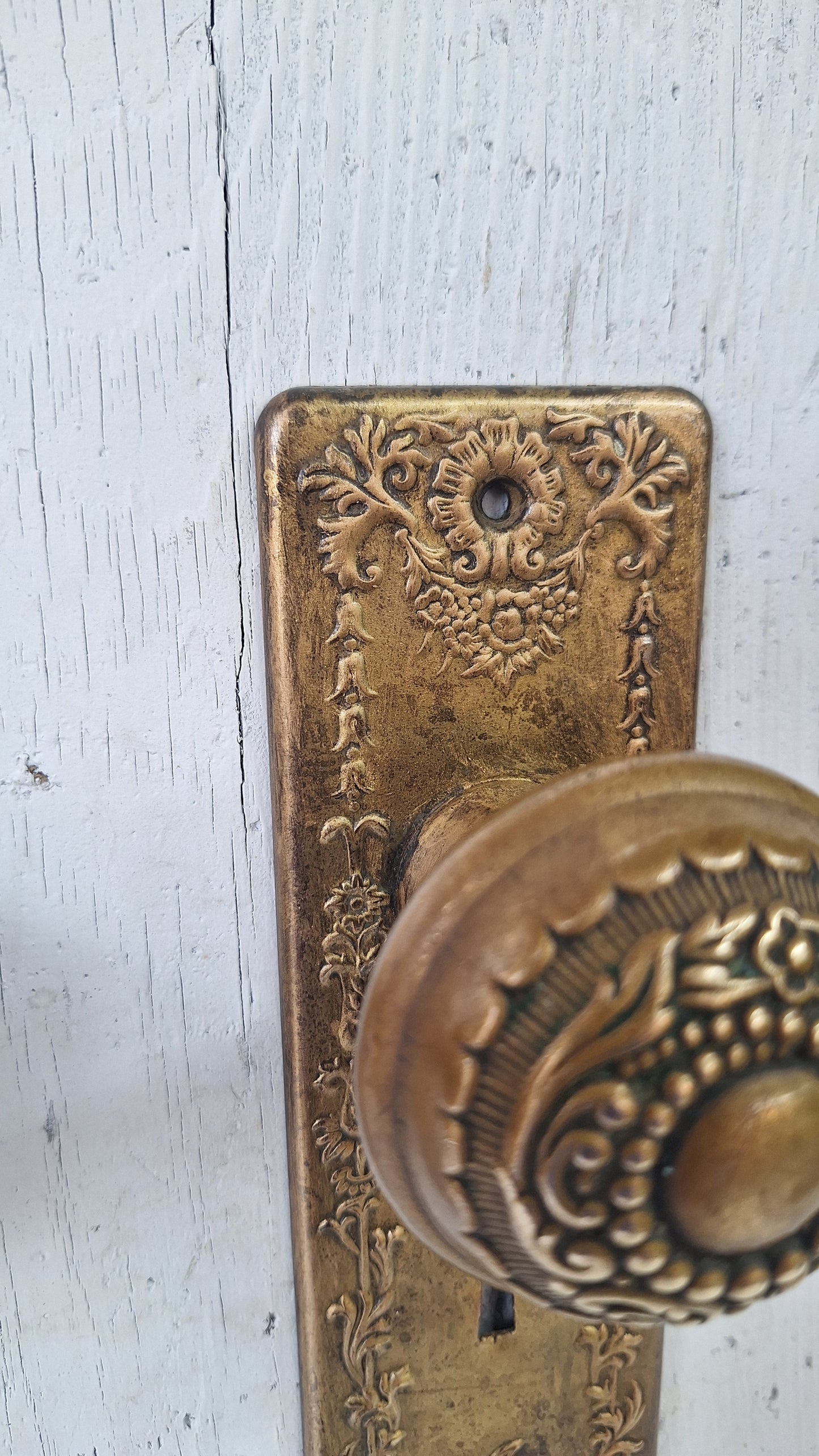 Ornate Brass Plated Door Hardware Set, Antique Doorknob and Backplates
