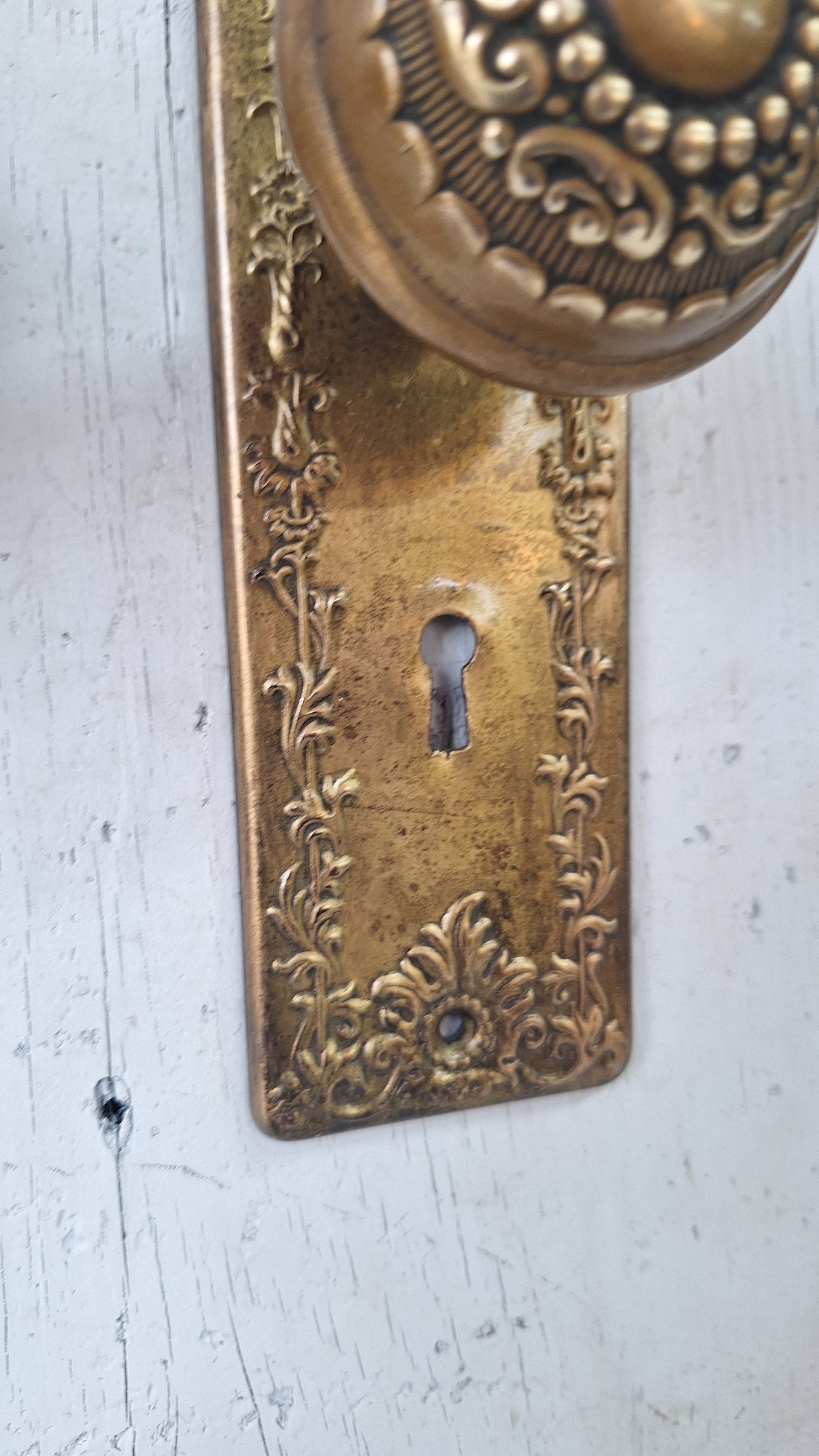 Ornate Brass Plated Door Hardware Set, Antique Doorknob and Backplates
