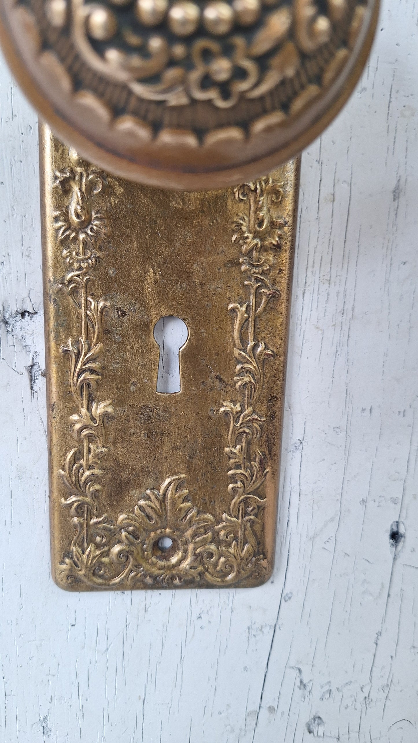 Ornate Brass Plated Door Hardware Set, Antique Doorknob and Backplates