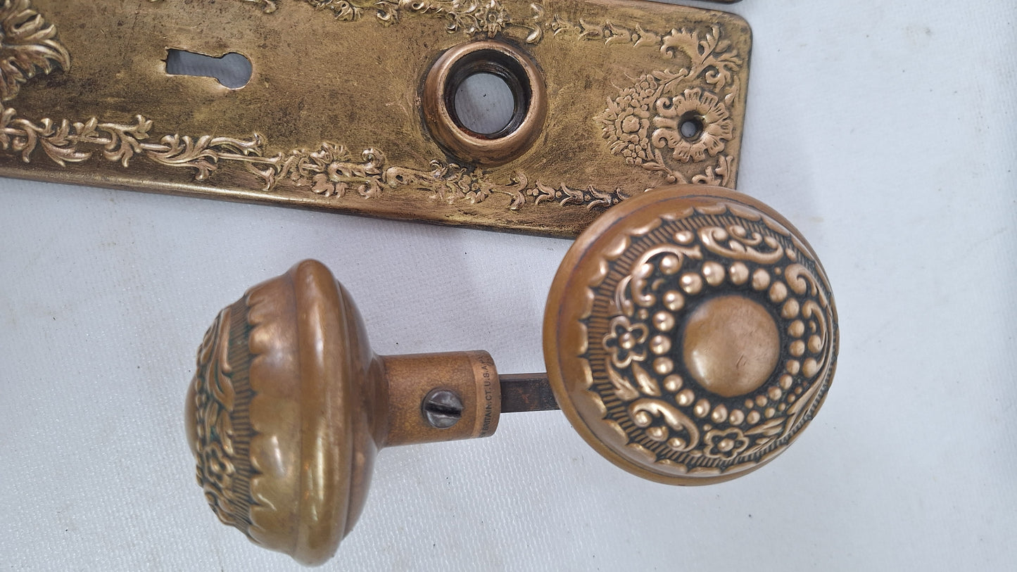Ornate Brass Plated Door Hardware Set, Antique Doorknob and Backplates