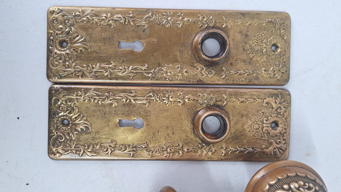 Ornate Brass Plated Door Hardware Set, Antique Doorknob and Backplates