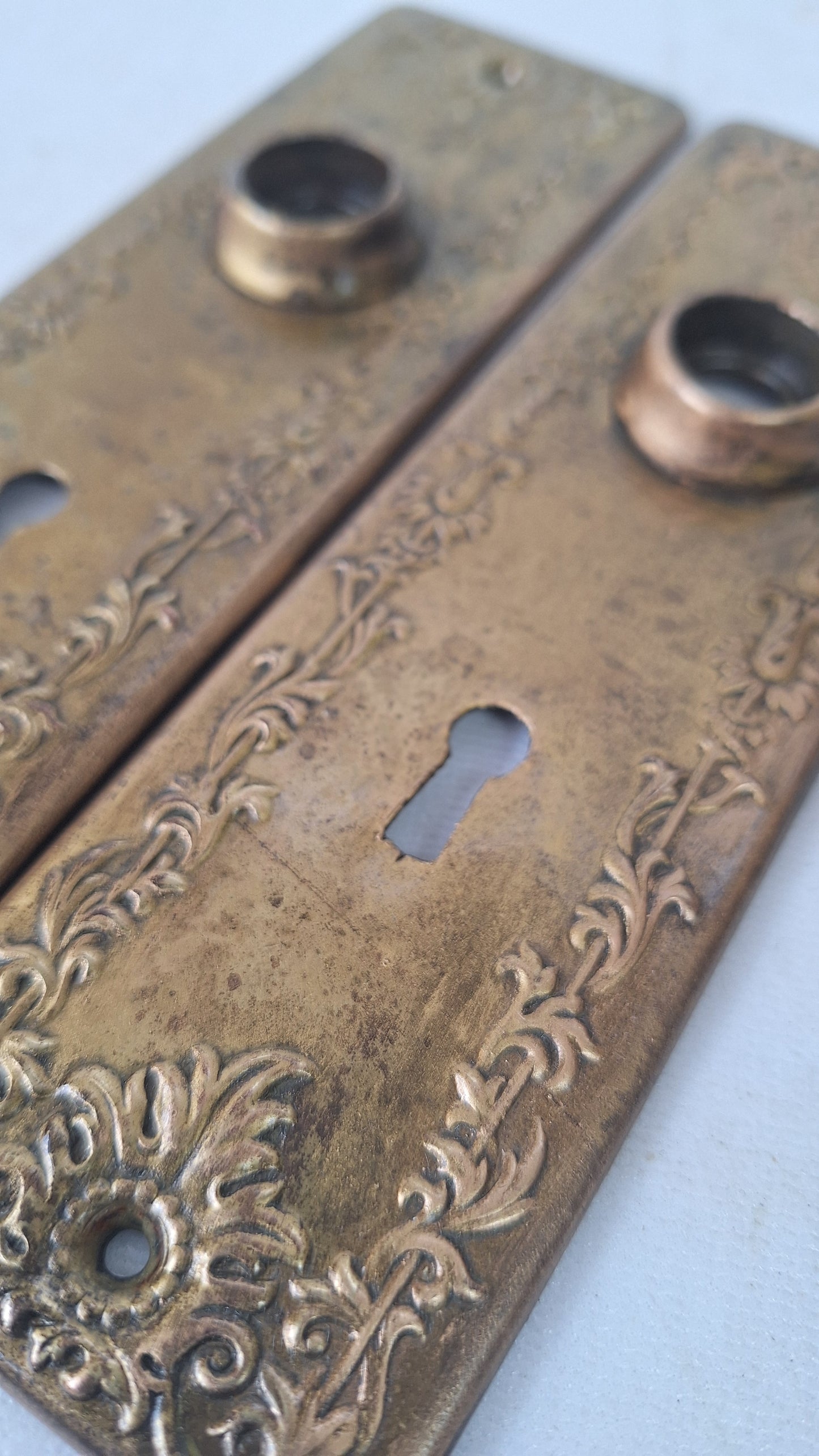 Ornate Brass Plated Door Hardware Set, Antique Doorknob and Backplates