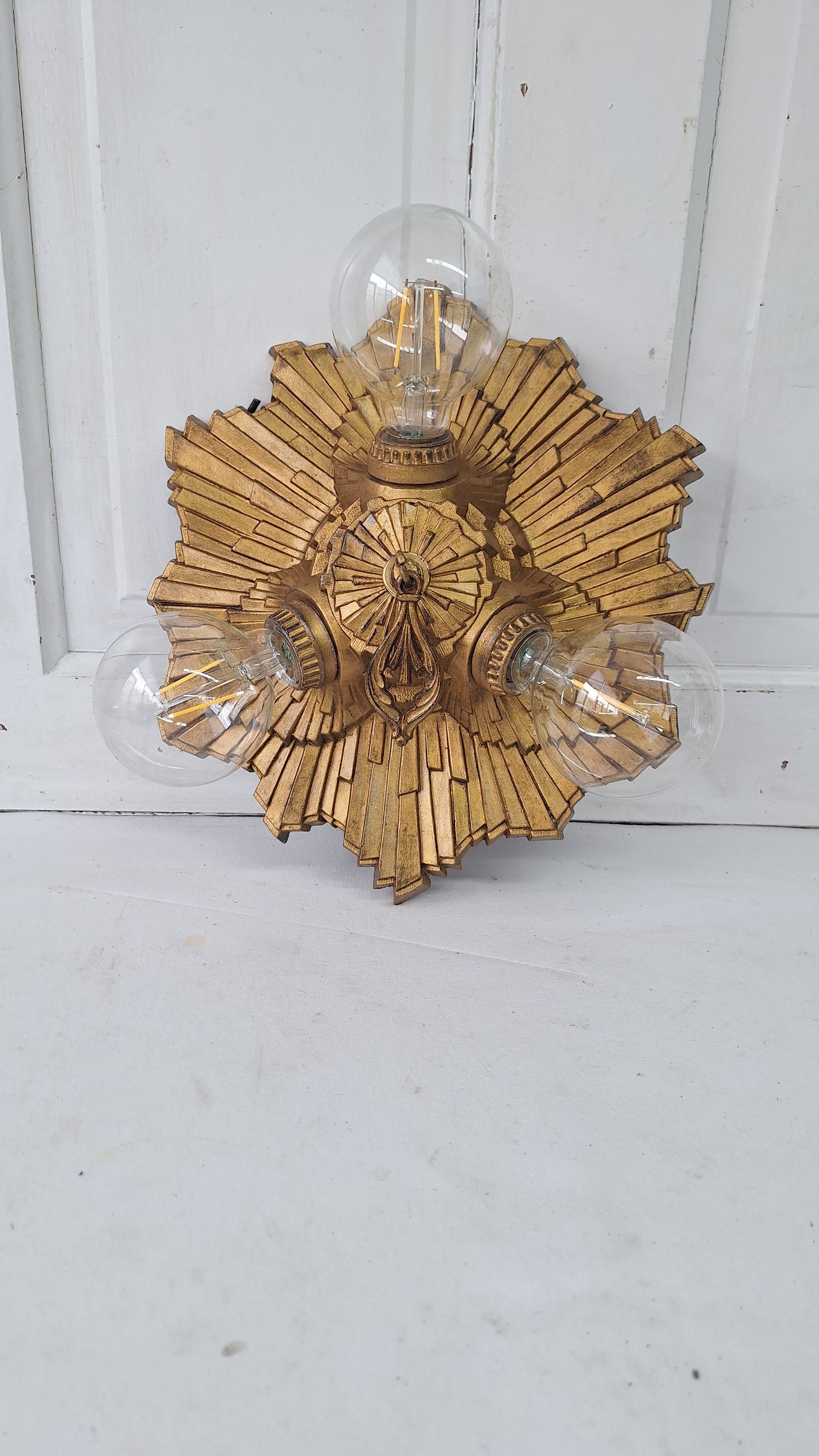 Art Deco Gold Flush Mount Light: Antique Three-Socket Ceiling Fixture
