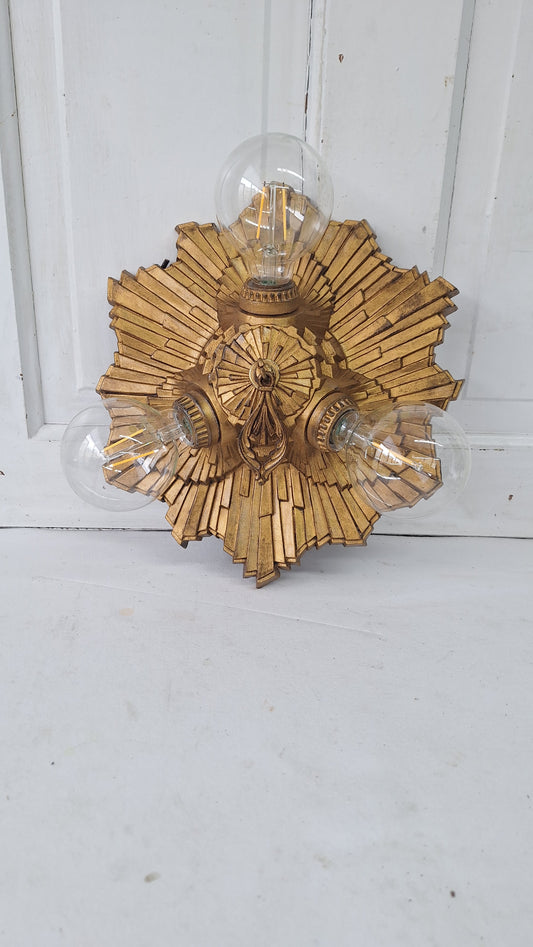Art Deco Gold Flush Mount Light: Antique Three-Socket Ceiling Fixture