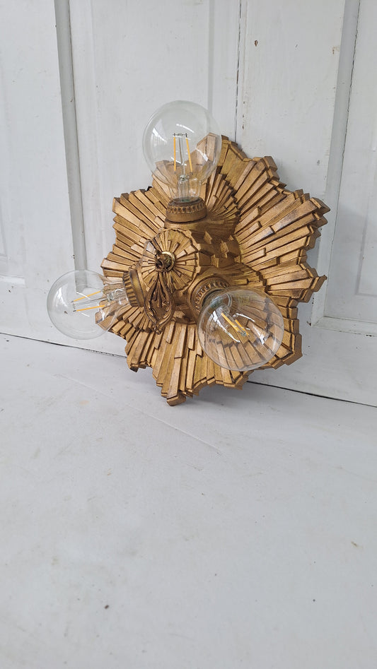 Art Deco Gold Flush Mount Light: Antique Three-Socket Ceiling Fixture