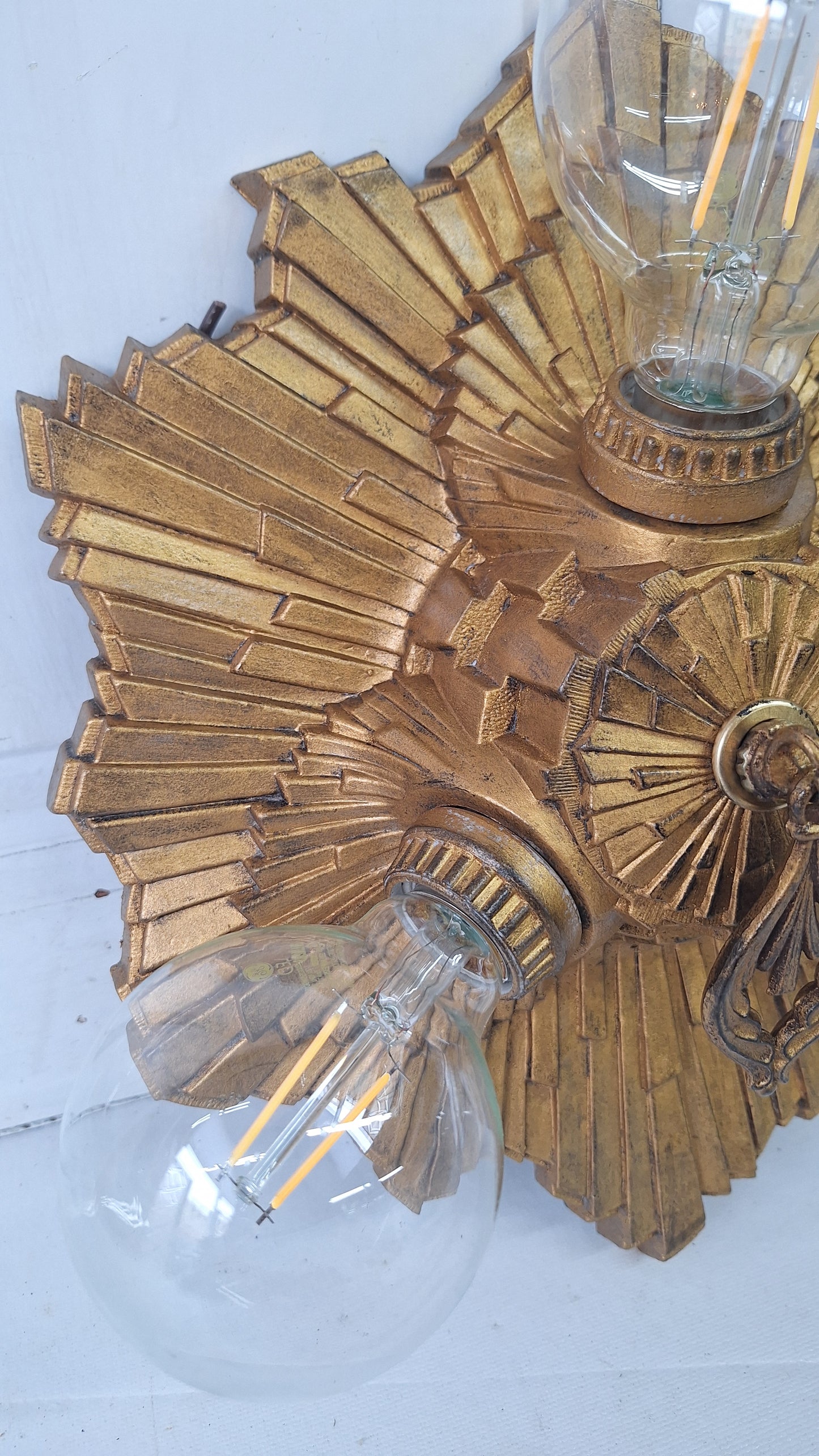 Art Deco Gold Flush Mount Light: Antique Three-Socket Ceiling Fixture