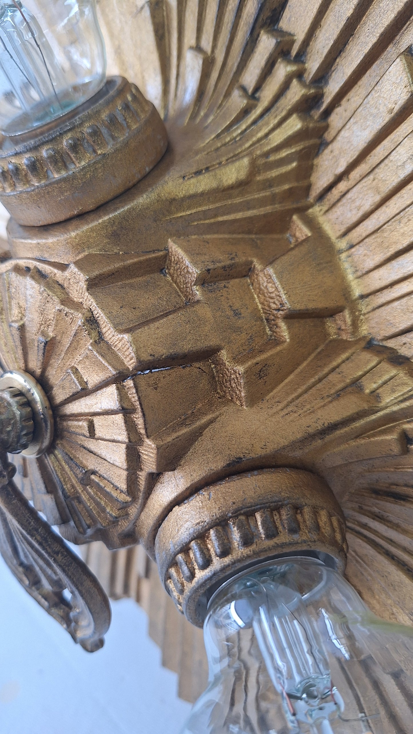 Art Deco Gold Flush Mount Light: Antique Three-Socket Ceiling Fixture