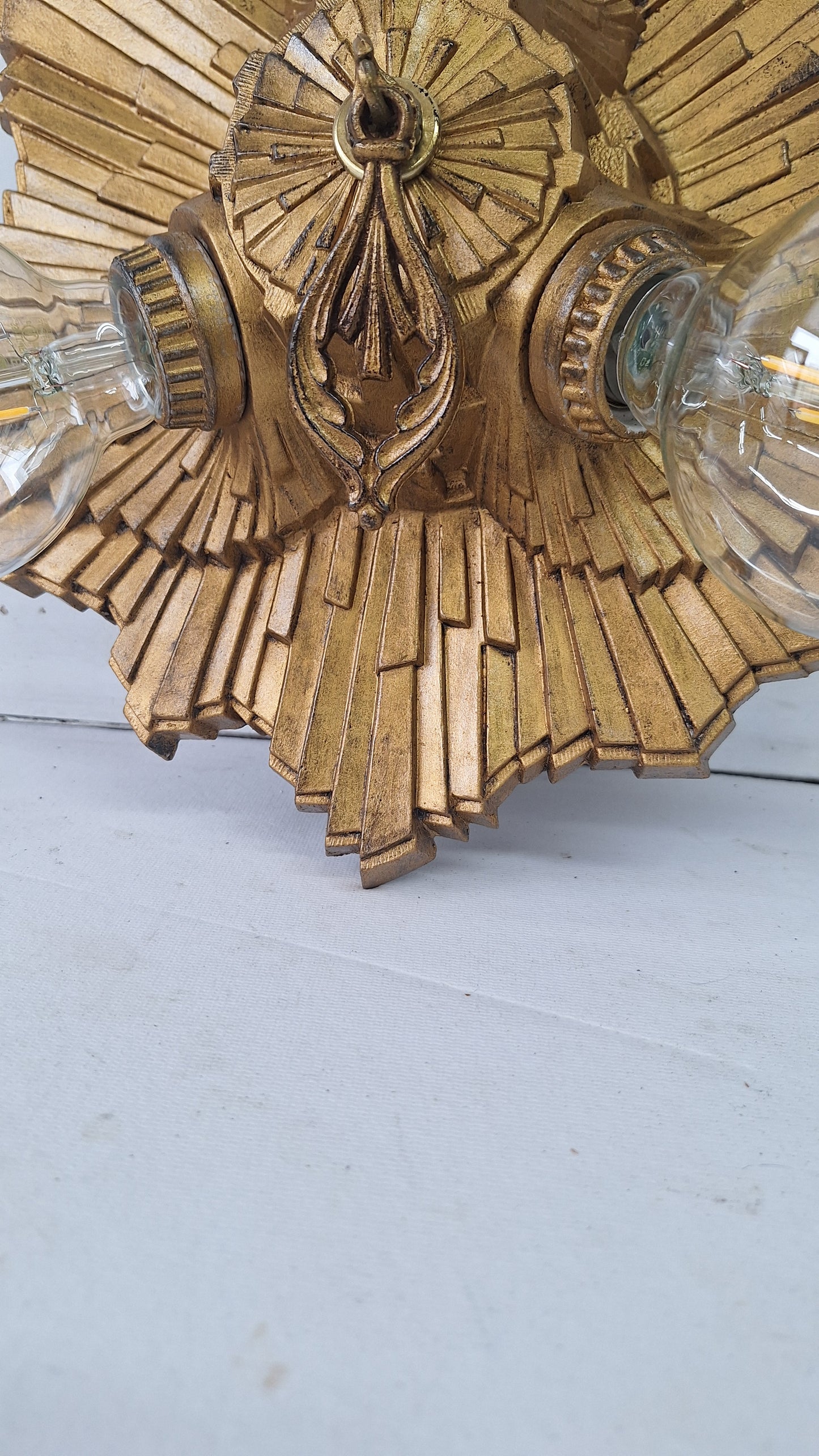 Art Deco Gold Flush Mount Light: Antique Three-Socket Ceiling Fixture