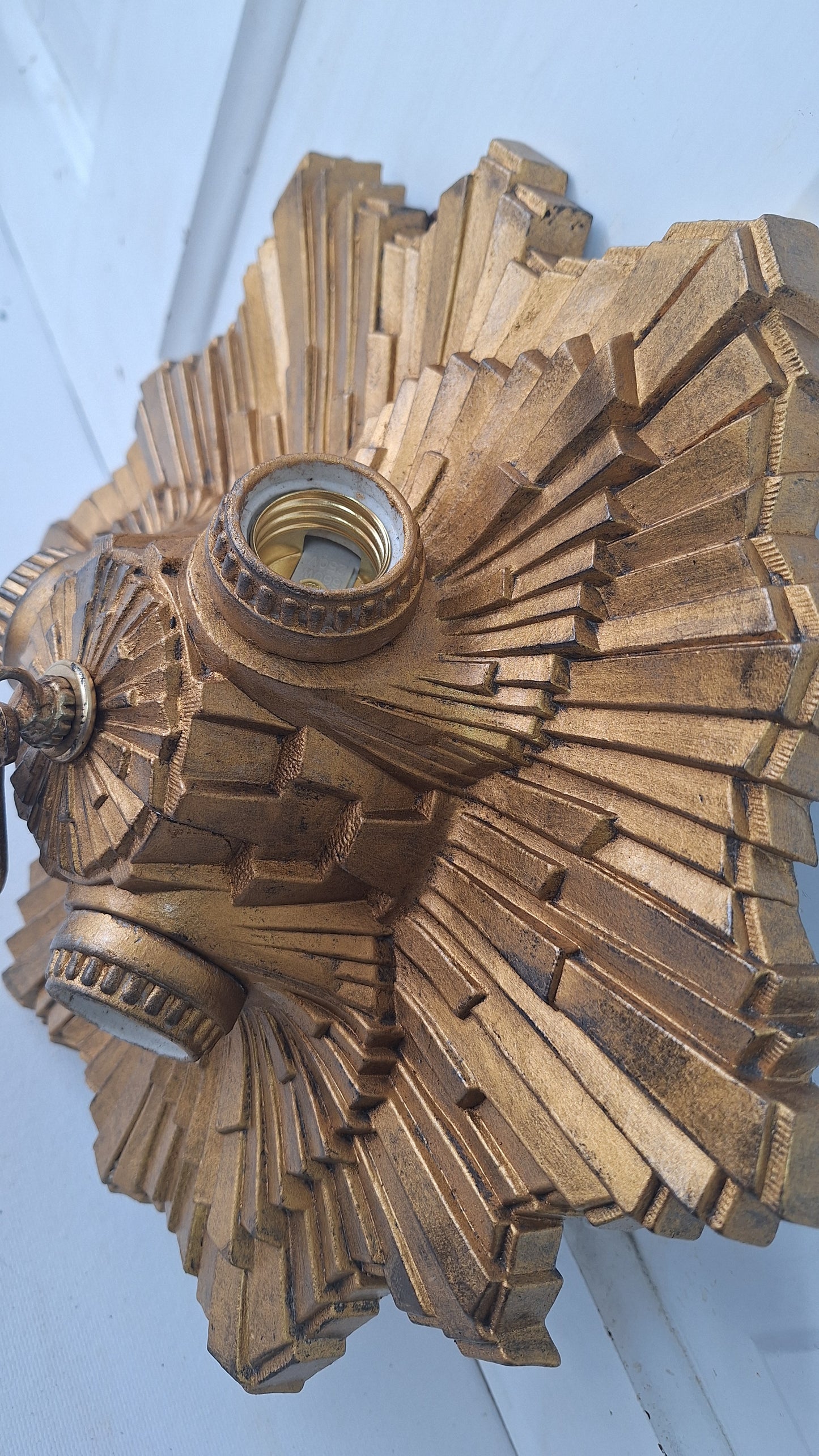 Art Deco Gold Flush Mount Light: Antique Three-Socket Ceiling Fixture