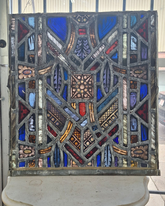 Square Gothic Style Antique Stained Glass, Vintage Church Windows