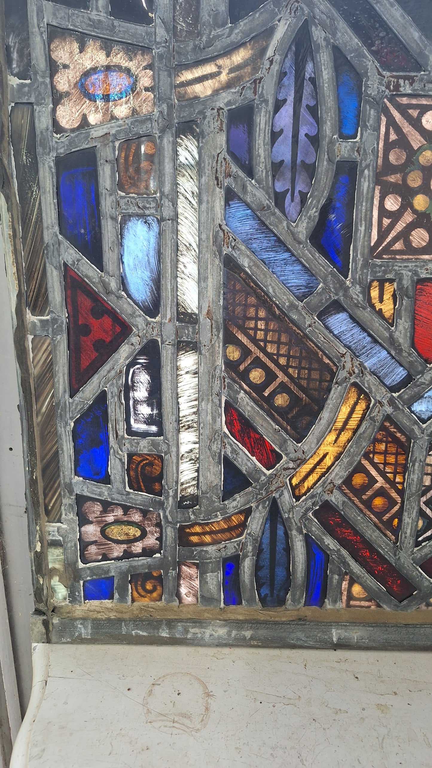 Square Gothic Style Antique Stained Glass, Vintage Church Windows