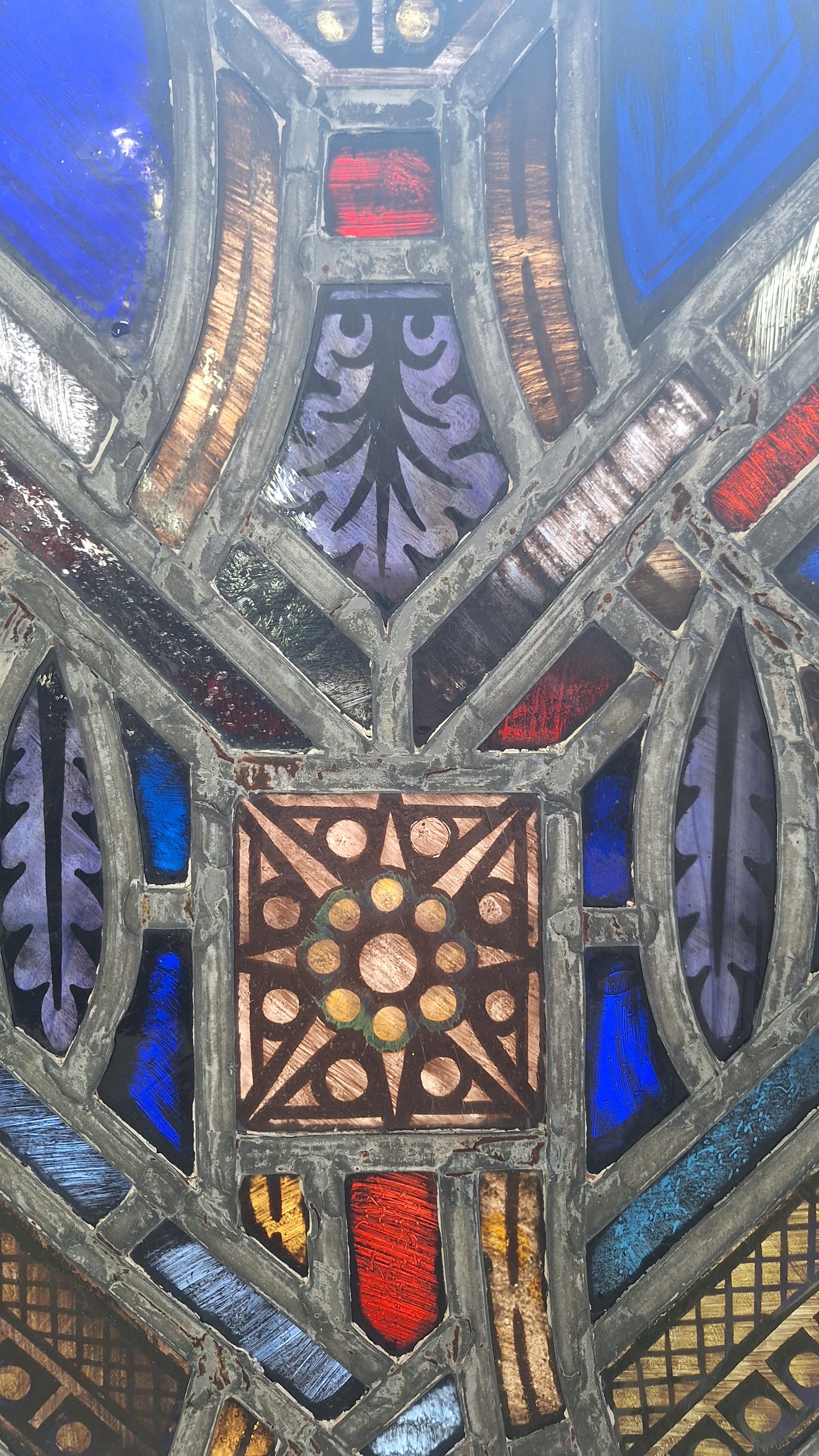 Square Gothic Style Antique Stained Glass, Vintage Church Windows