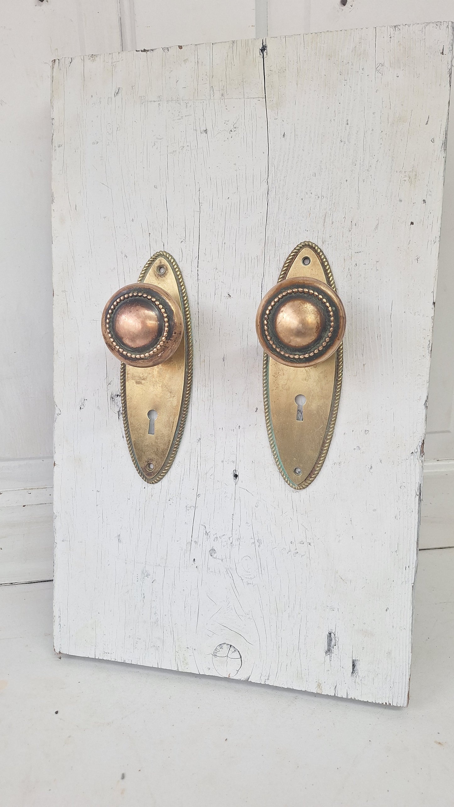 Set of Oval Style Doorknobs and Plates, Antique Brass Door Hardware Set