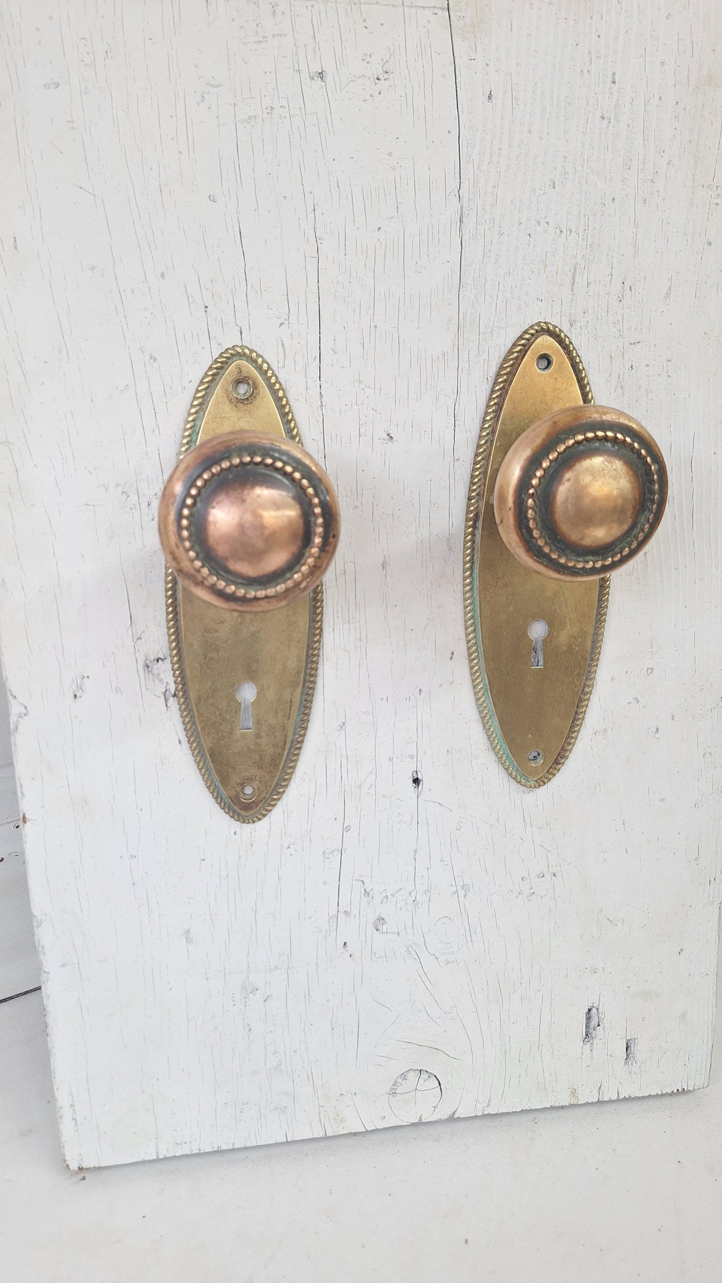 Set of Oval Style Doorknobs and Plates, Antique Brass Door Hardware Set