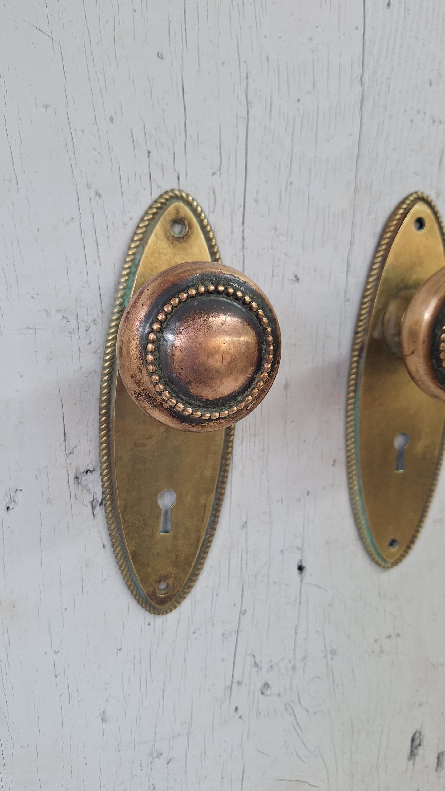 Set of Oval Style Doorknobs and Plates, Antique Brass Door Hardware Set