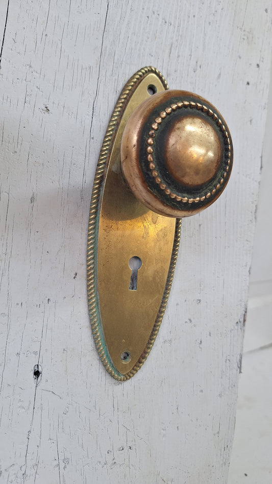 Set of Oval Style Doorknobs and Plates, Antique Brass Door Hardware Set