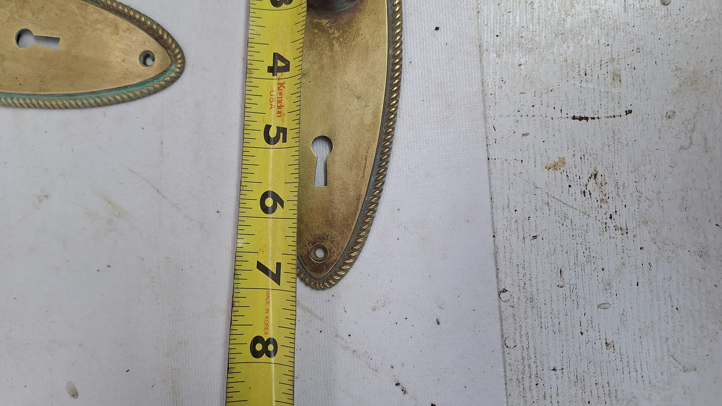 Set of Oval Style Doorknobs and Plates, Antique Brass Door Hardware Set