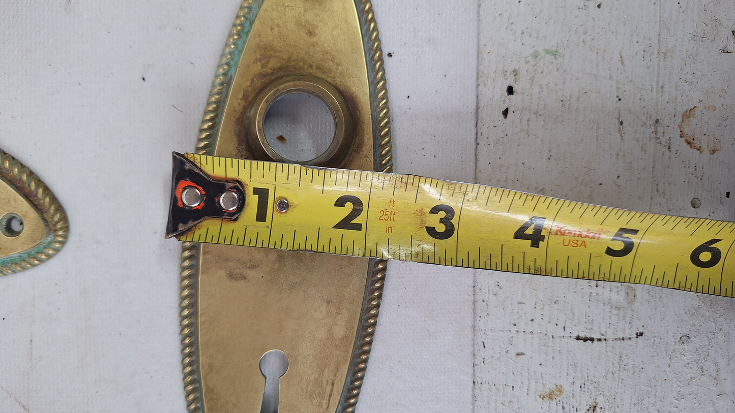 Set of Oval Style Doorknobs and Plates, Antique Brass Door Hardware Set