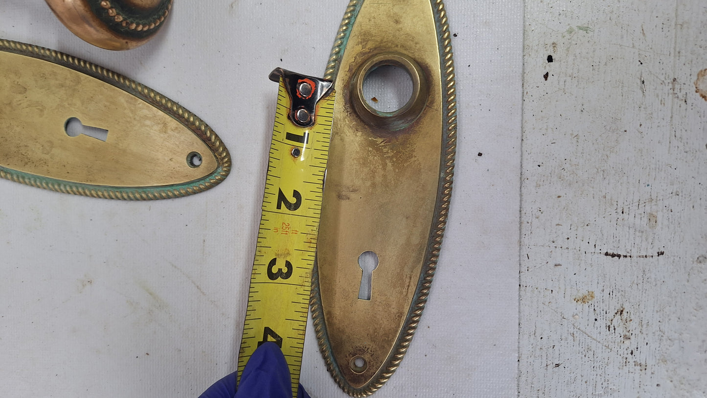 Set of Oval Style Doorknobs and Plates, Antique Brass Door Hardware Set