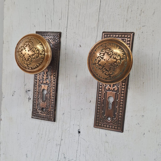 Brass Plated Ornate Door Hardware Set, Copper Plated Doorknobs and Backplates