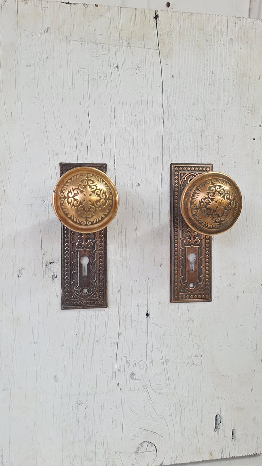 Brass Plated Ornate Door Hardware Set, Copper Plated Doorknobs and Backplates
