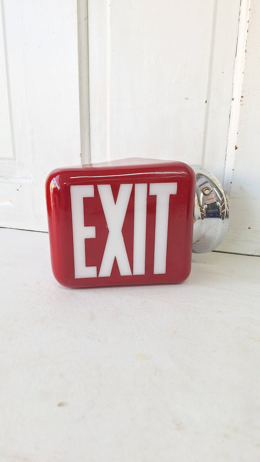 Vintage White and Red Exit Sign with Chrome Base, Wall Mounted Exit Sign