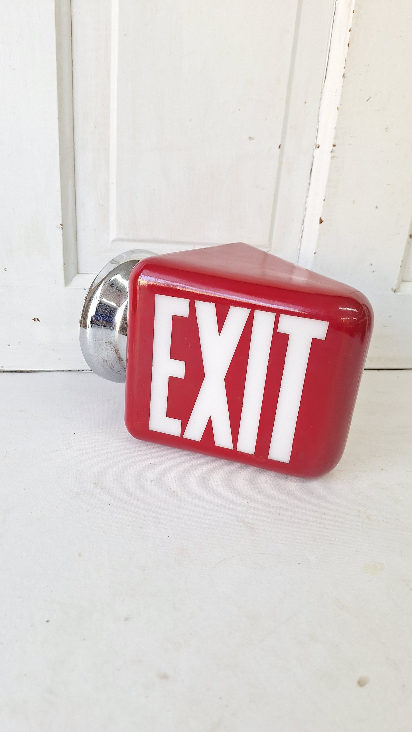 Vintage White and Red Exit Sign with Chrome Base, Wall Mounted Exit Sign