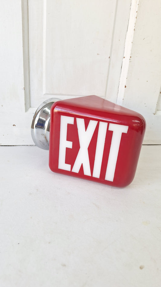 Vintage White and Red Exit Sign with Chrome Base, Wall Mounted Exit Sign