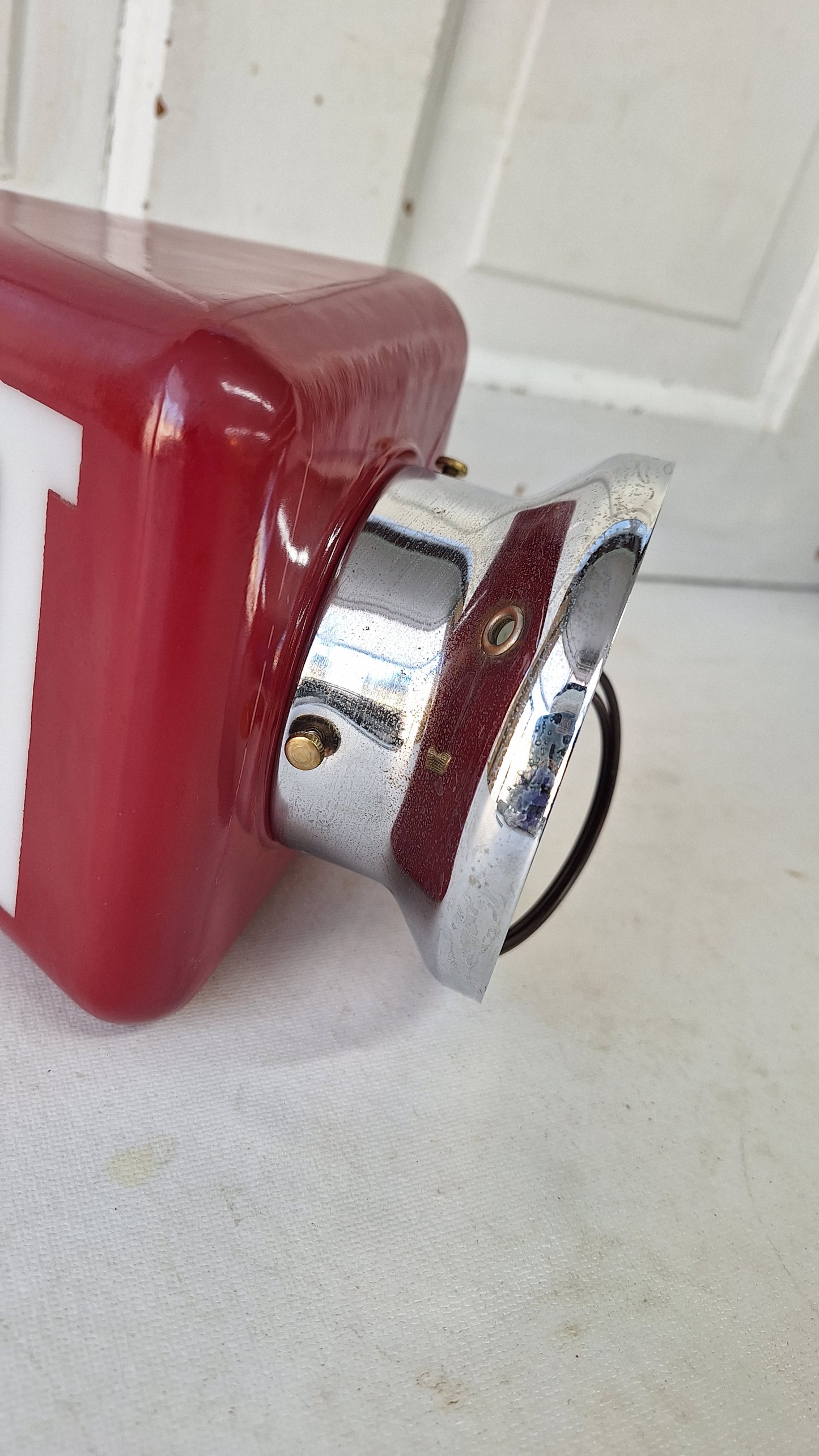 Vintage White and Red Exit Sign with Chrome Base, Wall Mounted Exit Sign