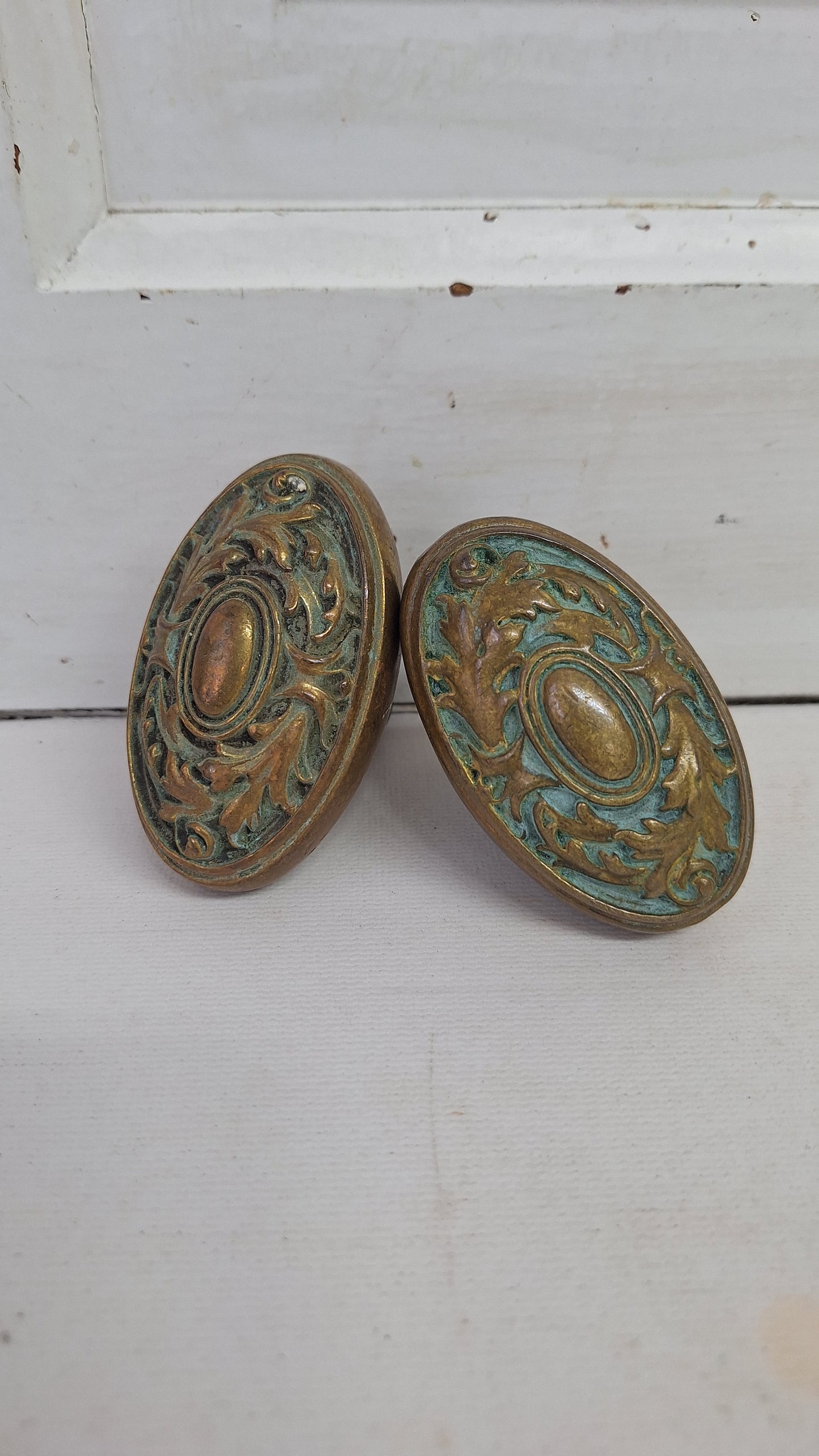 Two Ornate Bronze Oval Doorknobs: Floral Design, Victorian Style