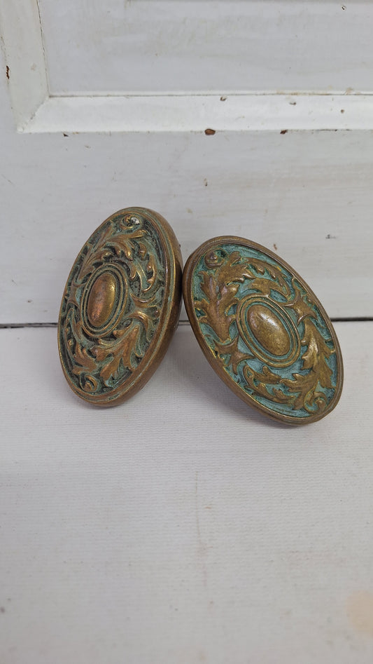Two Ornate Bronze Oval Doorknobs: Floral Design, Victorian Style
