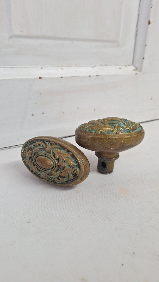 Two Ornate Bronze Oval Doorknobs: Floral Design, Victorian Style