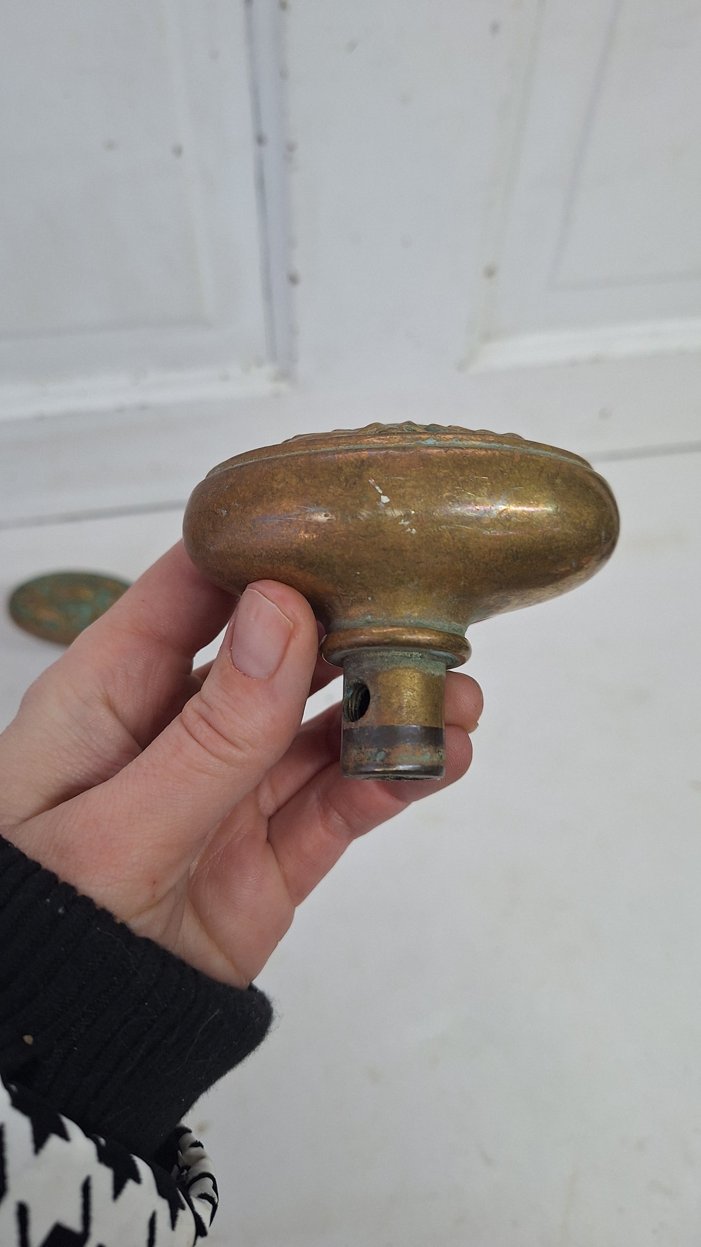 Two Ornate Bronze Oval Doorknobs: Floral Design, Victorian Style