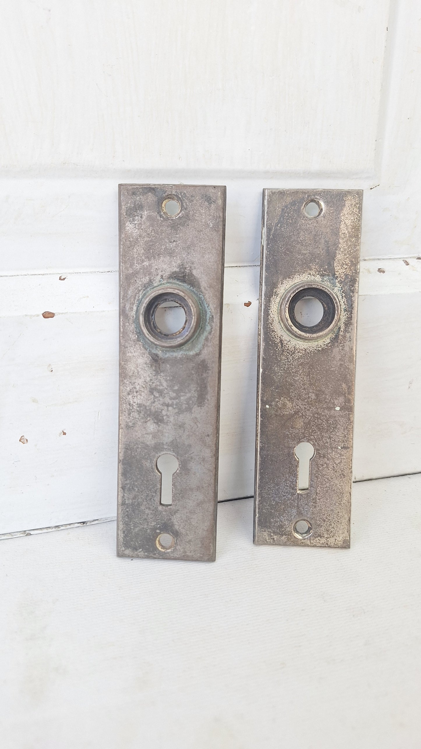 Nickel Plated Mallory Wheeler Doorknob Plates, Small Door Knob Backplates