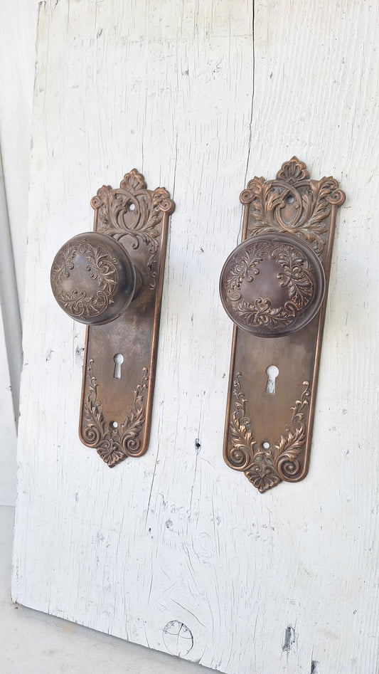 Set of Lorraine Pattern Door Hardware, Ornate Backplates and Door Knob Pair