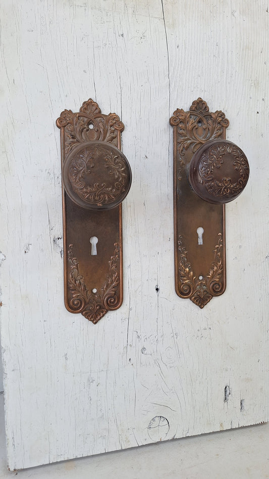 Set of Lorraine Pattern Door Hardware, Ornate Backplates and Door Knob Pair