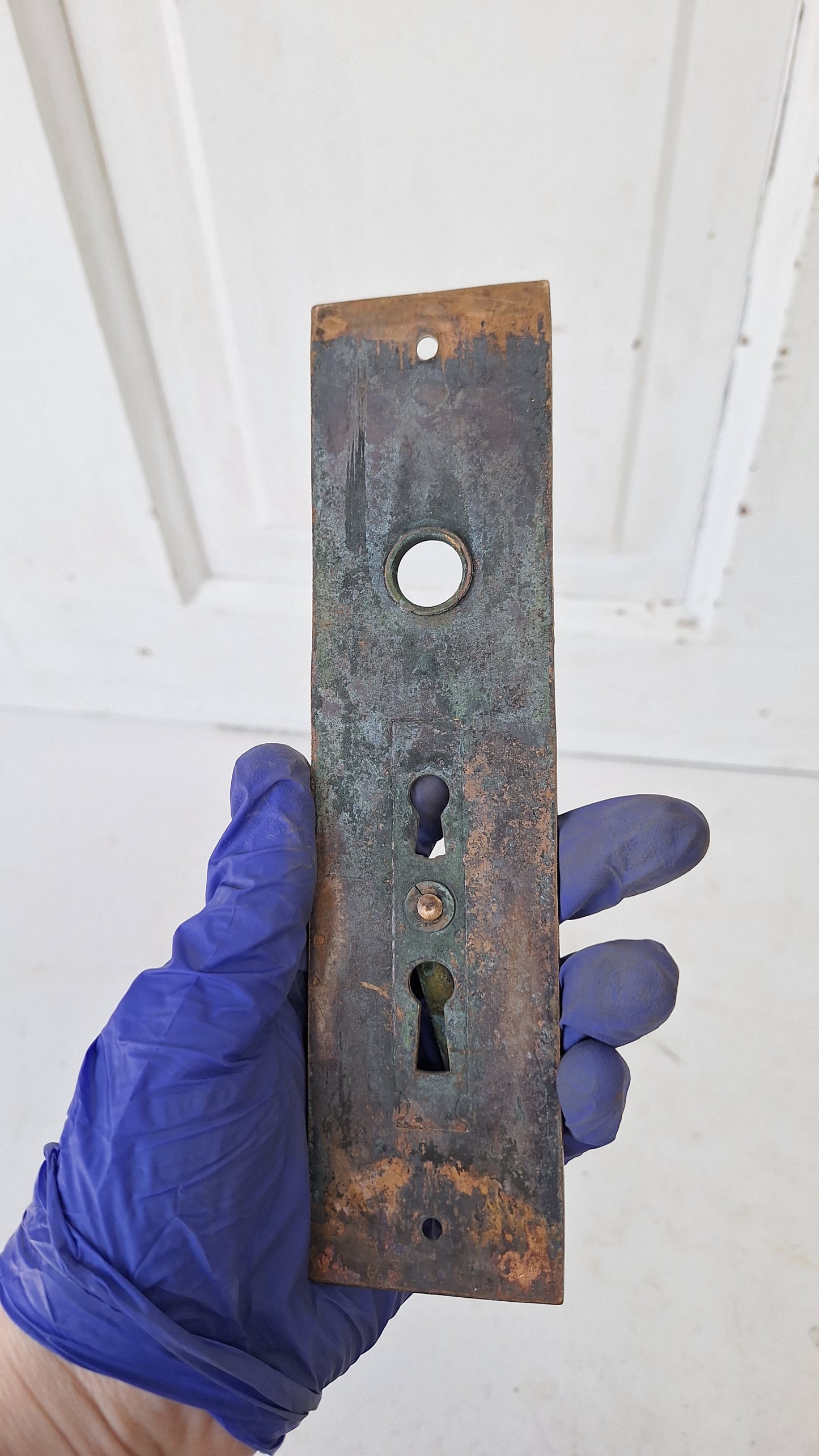 Eastlake Bronze Plate with Double Keyhole, Ceylon Pattern Entry Door Knob Backplate