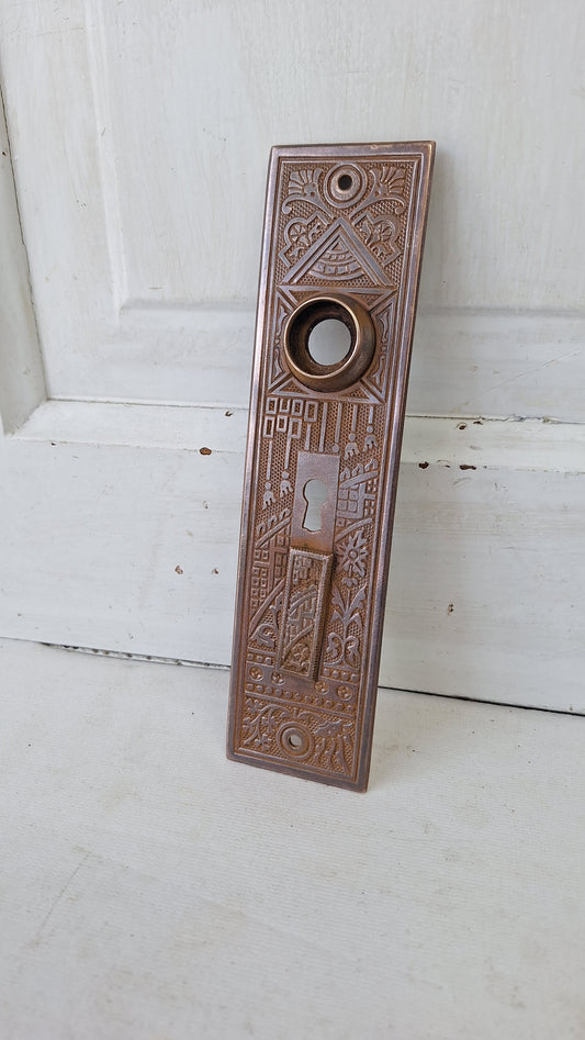 Eastlake Bronze Plate with Double Keyhole, Ceylon Pattern Entry Door Knob Backplate